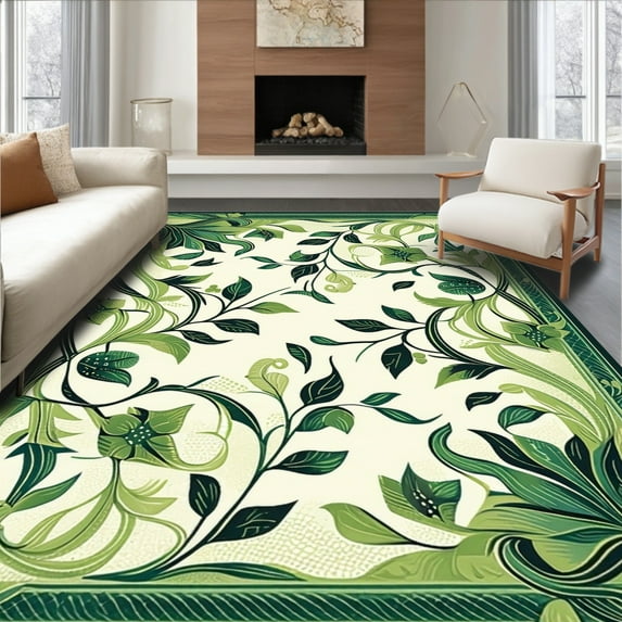 ODIKA 5'x7' Machine Washable Non-Slip Area Rug, Green Boho with Stylized Leaf and Abstract Florals High Traffic Rug, Ivory, 84072