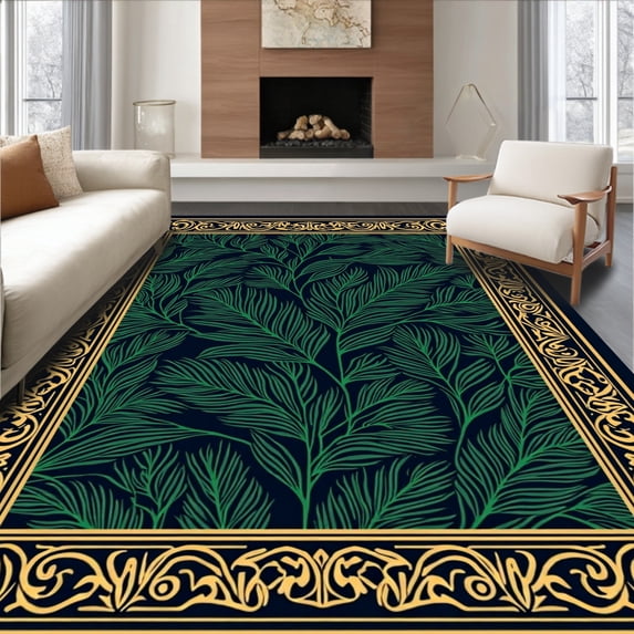 ODIKA 3'x5' Machine Washable Non-Slip Area Rug, Green Boho Tiger With Ornate Scrollwork and Layered Botanical High Traffic Rug, Black, 299468
