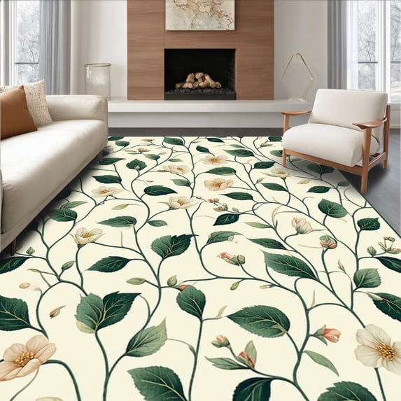 ODIKA 5'x7' Machine Washable Non-Slip Area Rug, Green Contemporary Floral Elegant Design High Traffic Rug, Ivory, 79207