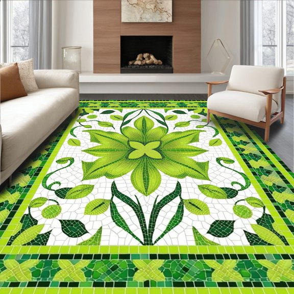 ODIKA 2'x3' Machine Washable Non-Slip Area Rug, Green Garden Accent Pile Floral Entry High Traffic Rug, Green, 92709