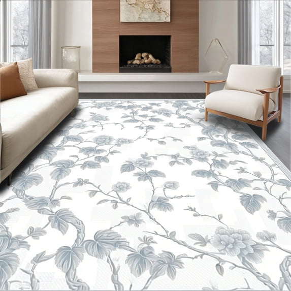 ODIKA 5'x7' Machine Washable Non-Slip Area Rug, Grey and Floral with Non Slip Design High Traffic Rug, White, 57646
