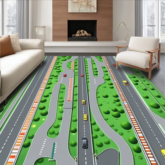 ODIKA 4'x6' Machine Washable Non-Slip Area Rug, Grey Race Track Play with Interactive Car Paths and Roadway Markings High Traffic Rug, Green, 106252