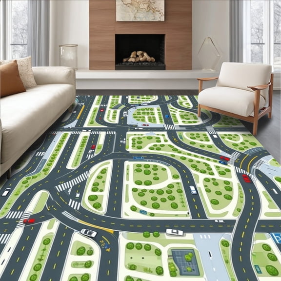 ODIKA 4'x6' Machine Washable Non-Slip Area Rug, Grey Tonal Play with Dynamic Car Tracks and Traffic High Traffic Rug, Green, 106257