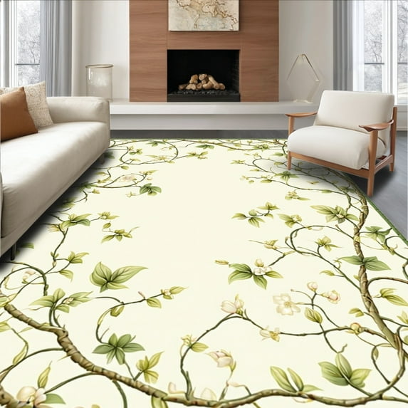 ODIKA 4'x6' Machine Washable Non-Slip Area Rug, Growth Inspired Featuring Flowing Vine and Leaf Motifs High Traffic Rug, Ivory, 165512