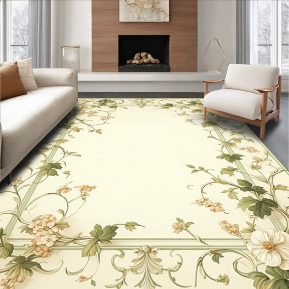 Flatwoven High Traffic Area Rug, Hand Hooked French Style Botanical Runner, Non Slip, Stain Resistant, Washable Area Rugs for Living Room, Bedroom(Ivory, 4X6)