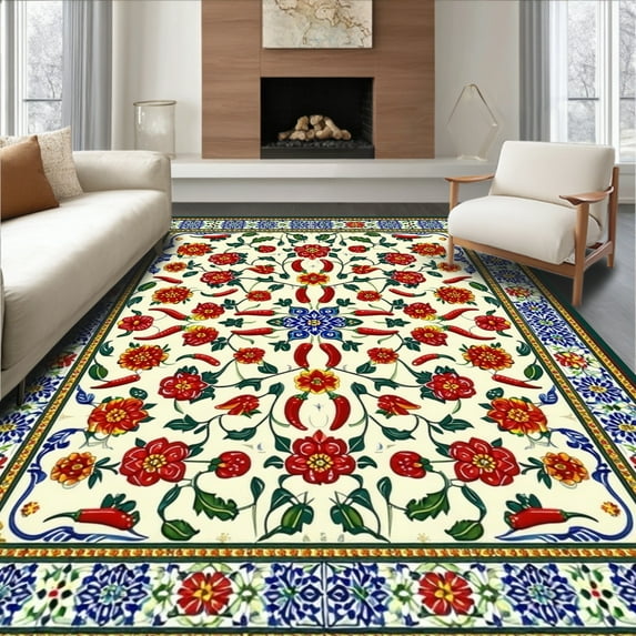 ODIKA 6'x9' Machine Washable Non-Slip Area Rug, Hand Painted Talavera Style Half Round with Chili Pepper Accents High Traffic Rug, White, 66205