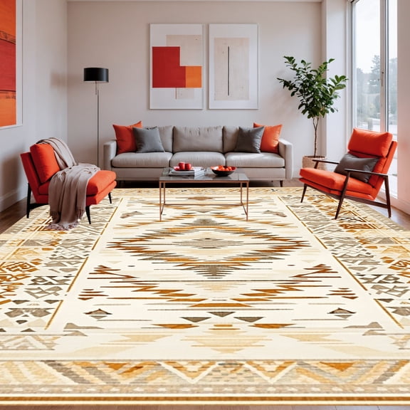 ODIKA 3'x5' Machine Washable Non-Slip Area Rug, Inspired Ethnic Zigzag and Triangle Composition High Traffic Rug, Beige, 282830