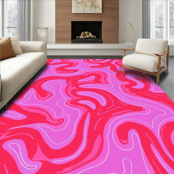 Flatwoven High Traffic Area Rug, Handcrafted Interlocking Wave, Non Slip, Stain Resistant, Washable Area Rugs for Living Room, Bedroom(Pink, 4X6)