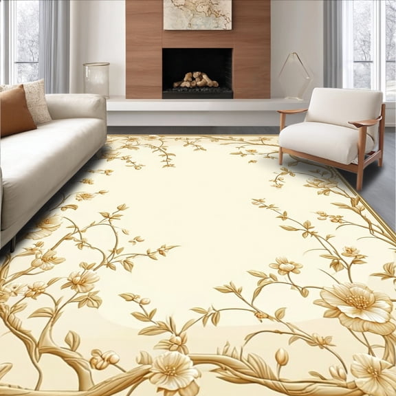 ODIKA 4'x6' Machine Washable Non-Slip Area Rug, Oval With Delicate Floral Embroidery Style High Traffic Rug, Beige, 157693