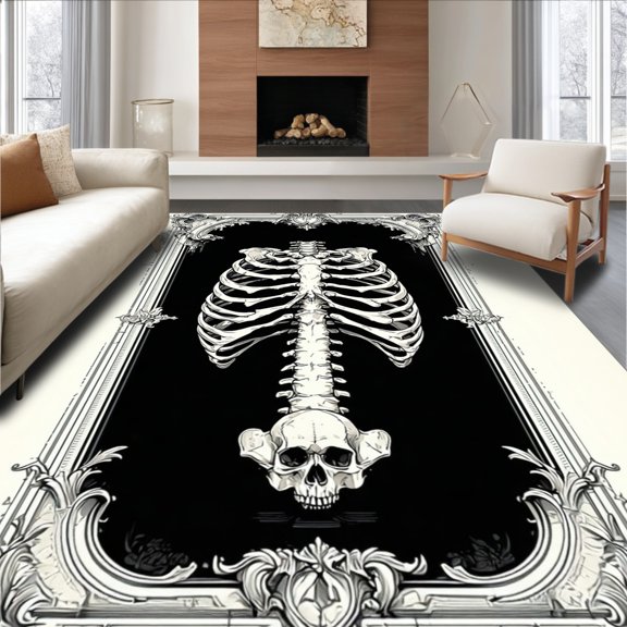 ODIKA 4'x6' Machine Washable Non-Slip Area Rug, Haunted Skeleton Bathmat Spooky Accent Horror Enthusiast Gift High Traffic Rug, Gray, 132931