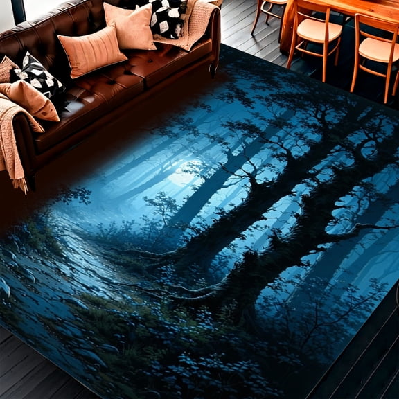 ODIKA 8'x10' Machine Washable Non-Slip Area Rug, Haunting Nocturnal Forest Round Eerie Design High Traffic Rug, Blue, 164721