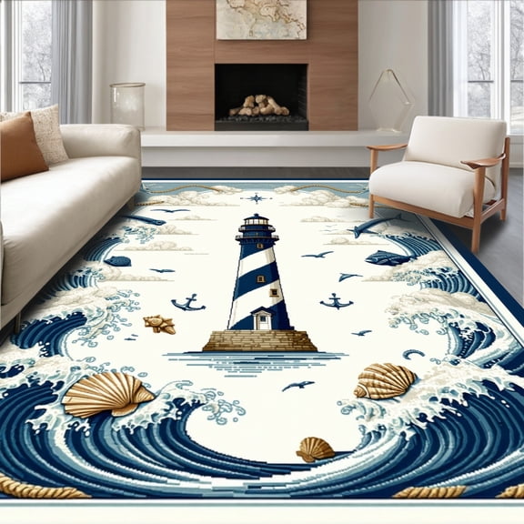 Flatwoven High Traffic Area Rug, Haven Nautical with Lighthouse for, Non Slip, Stain Resistant, Washable Area Rugs for Living Room, Bedroom(Blue, 4X6)