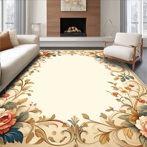ODIKA 4'x6' Machine Washable Non-Slip Area Rug, Heritage Blossom Decorative Welcome High Traffic Rug, Beige, 218997