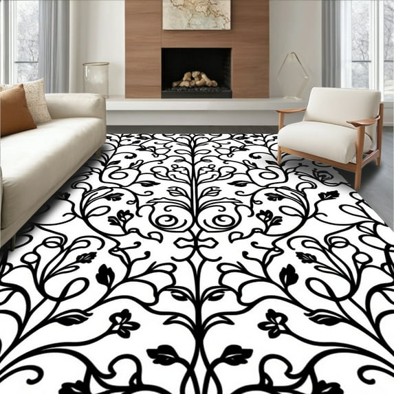 ODIKA 4'x6' Machine Washable Non-Slip Area Rug, Heritage Damask Bloom With Symmetrical Vine Motifs High Traffic Rug, Black, 240556