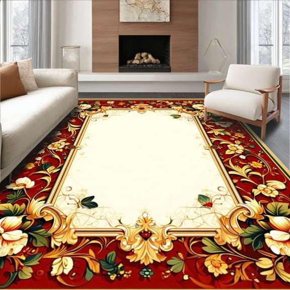 Flatwoven High Traffic Area Rug, Heritage Damask Panel Design with Flourishing Foliage and Stylized Arabesques, Non Slip, Stain Resistant, Washable Area Rugs for Living Room, Bedroom(Red, 2X3)