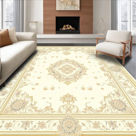 Flatwoven High Traffic Area Rug, Heritage Revival Ornamental Rug With Decorative Border Elements, Non Slip, Stain Resistant, Washable Area Rugs for Living Room, Bedroom(Beige, 2X3)
