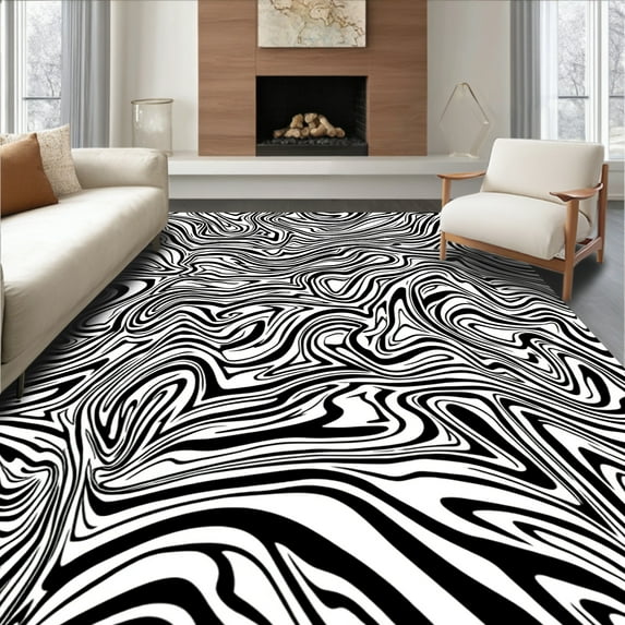 ODIKA 8' Machine Washable Non-Slip Area Rug, Hide Illusion Marbled Accent Floor Covering High Traffic Rug, Black, 309872