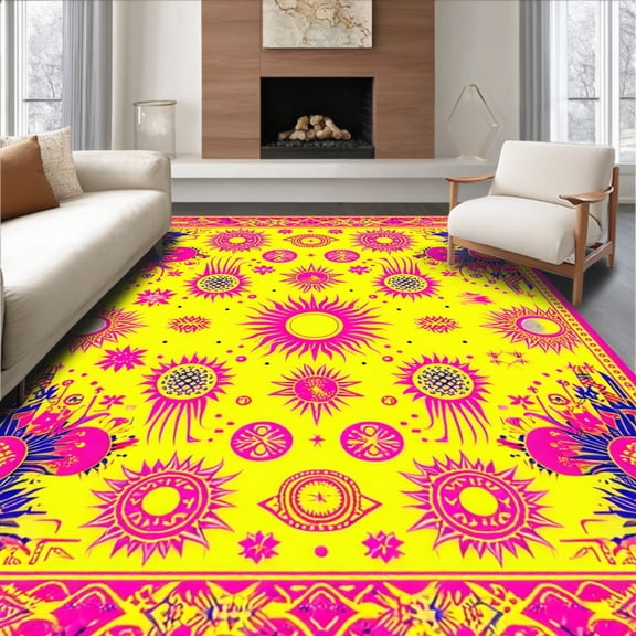 ODIKA 8'x10' Machine Washable Non-Slip Area Rug, Hippie Sun and Moon with High Traffic Rug, Yellow, 83230
