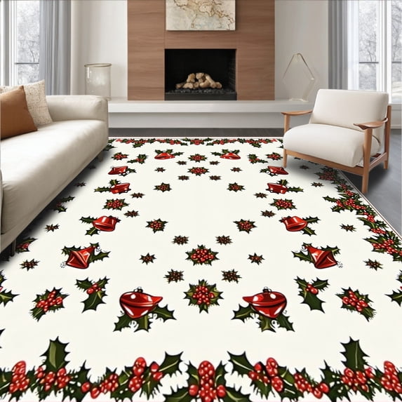 ODIKA 8'x10' Machine Washable Non-Slip Area Rug, Holiday Round with Festive Bell and Leaf High Traffic Rug, Ivory, 90426