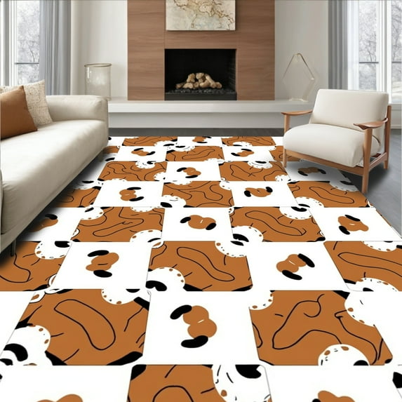 ODIKA 8'x8' Machine Washable Non-Slip Area Rug, Holstein Style Interlocking Spotted Accent High Traffic Rug, Brown, 296012