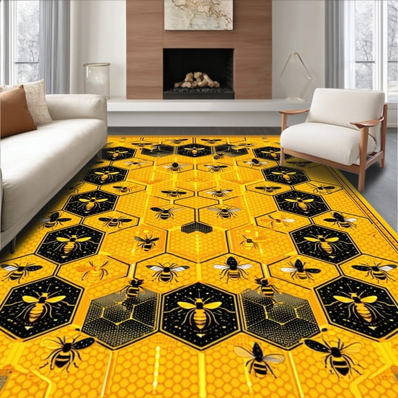Flatwoven High Traffic Area Rug, Honeycomb Patterned Non Slip Round with Vibrant Bee Motifs, Non Slip, Stain Resistant, Washable Area Rugs for Living Room, Bedroom(Yellow, 2X3)
