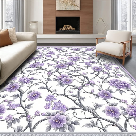 Flatwoven High Traffic Area Rug, Honora Elegant Grey Tapestry Area Rug with Lavender Accented Motifs, Non Slip, Stain Resistant, Washable Area Rugs for Living Room, Bedroom(Purple, 6X9)