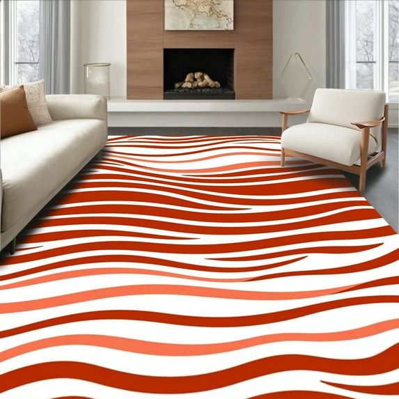 ODIKA 5'x7' Machine Washable Non-Slip Area Rug, Horizon Sunset Gradient Ripple High Traffic Rug, Red, 393123