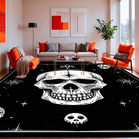 Flatwoven High Traffic Area Rug, Horror Witchy Skull and Pentagram Floor Mat, Non Slip, Stain Resistant, Washable Area Rugs for Living Room, Bedroom(Black, 4X6)