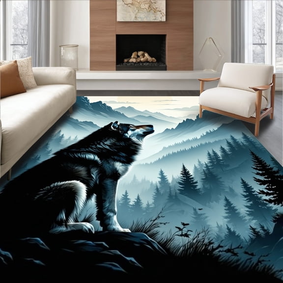 Flatwoven High Traffic Area Rug, Howling Wolf Shadow Grey Forest Silhouette Area Rug Floor Mat, Non Slip, Stain Resistant, Washable Area Rugs for Living Room, Bedroom(Gray, 6X9)