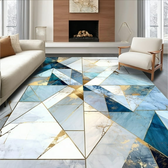 ODIKA 3'x5' Machine Washable Non-Slip Area Rug, Icy Fractured Shard Mosaic Abstract Crystal High Traffic Rug, Blue, 166397