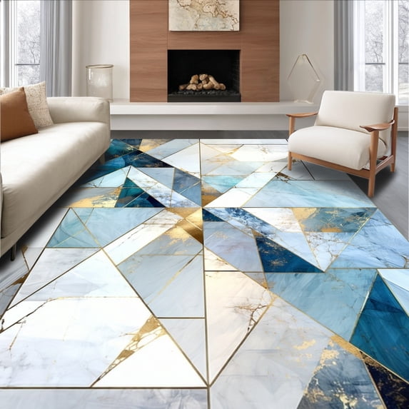 ODIKA 5'x7' Machine Washable Non-Slip Area Rug, Icy Fractured Shard Mosaic Abstract Crystal High Traffic Rug, Blue, 166397