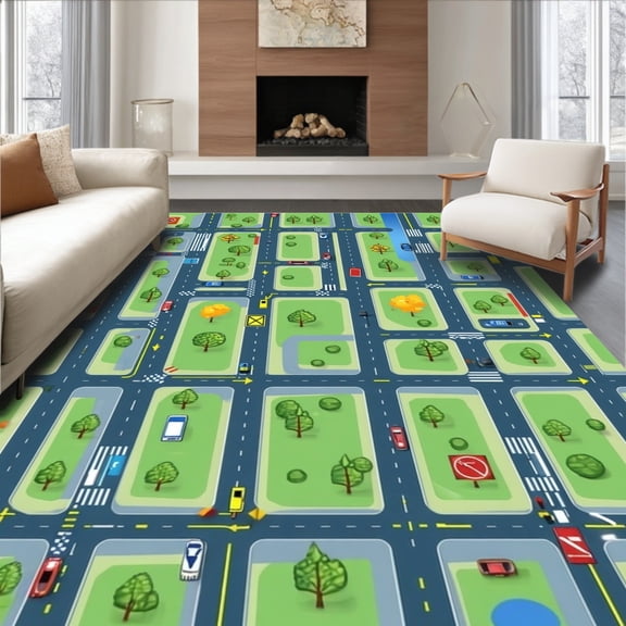 ODIKA 8'x10' Machine Washable Non-Slip Area Rug, Imagination Land Floor Safe Traffic Journey Play High Traffic Rug, Blue, 84363