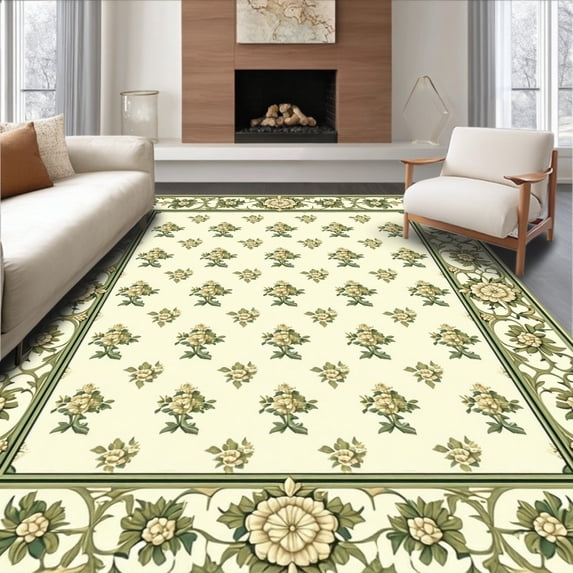 ODIKA 3'x5' Machine Washable Non-Slip Area Rug, Scrollwork Garden with Symmetrical Floral Trellis High Traffic Rug, Green, 203575