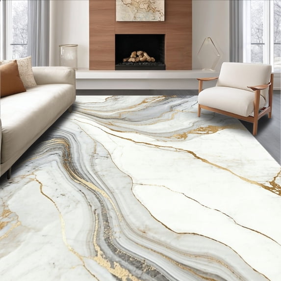 ODIKA 2'x3' Machine Washable Non-Slip Area Rug, Indoor Contemporary Marble Swirl High Traffic Rug, White, 134741