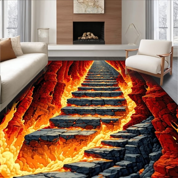 ODIKA 8'x10' Machine Washable Non-Slip Area Rug, Inferno Ladder Illusion Molten Rock Gateway High Traffic Rug, Red, 91943