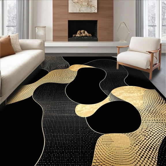 ODIKA 8'x10' Machine Washable Non-Slip Area Rug, Ink & Gold Flow Modern Abstract High Traffic Rug, Black, 87520