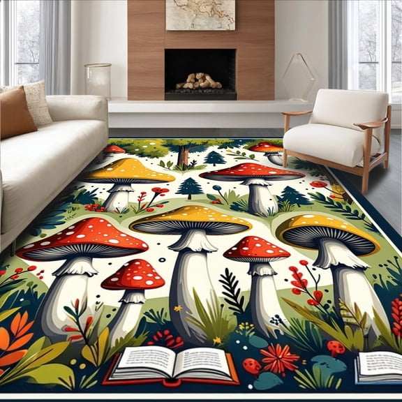 ODIKA 4'x6' Machine Washable Non-Slip Area Rug, Innovative Mushroom with Educational and Christmas Vibes High Traffic Rug, Red, 193644