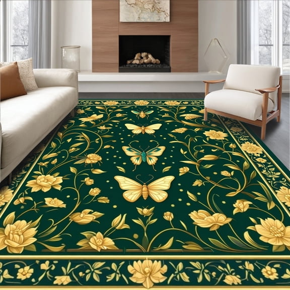 Flatwoven High Traffic Area Rug, Insect Garden Medallion with Whimsical Leaf and Beetle Motifs, Non Slip, Stain Resistant, Washable Area Rugs for Living Room, Bedroom(Green, 2X3)