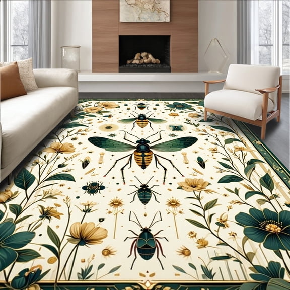 Flatwoven High Traffic Area Rug, Insect Garden Ultra Hallway Runner, Non Slip, Stain Resistant, Washable Area Rugs for Living Room, Bedroom(Green, 4X6)
