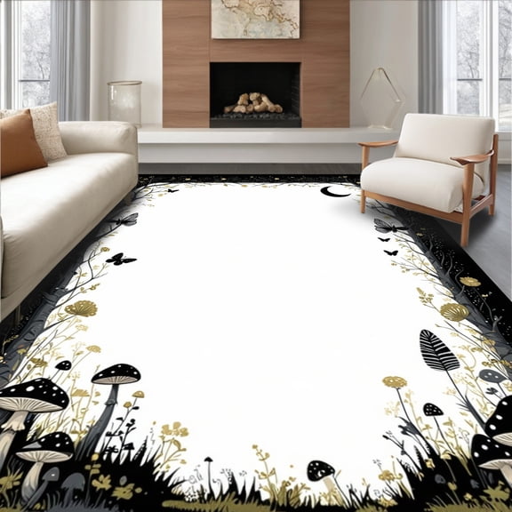 ODIKA 8'x10' Machine Washable Non-Slip Area Rug, Insect Mushroom Moon Black Whimsigoth High Traffic Rug, White, 84127
