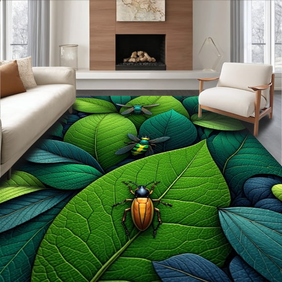 Flatwoven High Traffic Area Rug, Insect Print Fantasy, Non Slip, Stain Resistant, Washable Area Rugs for Living Room, Bedroom(Green, 4X6)