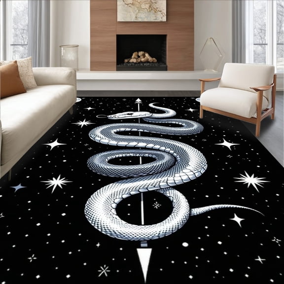 ODIKA 8'x10' Machine Washable Non-Slip Area Rug, Inspired Snake with Moon Phases and Starry Accents High Traffic Rug, White, 91014