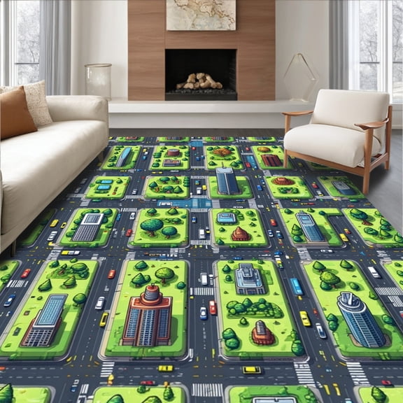 ODIKA 5'x7' Machine Washable Non-Slip Area Rug, Interactive Cartoon City Play for High Traffic Rug, Gray, 2252
