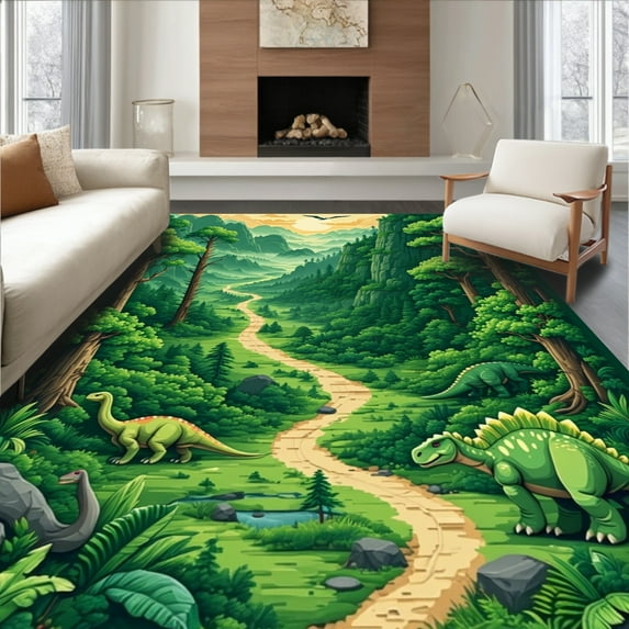 ODIKA 3'x5' Machine Washable Non-Slip Area Rug, Interactive Dino Terrain Play Space High Traffic Rug with Pad, Green, 8482