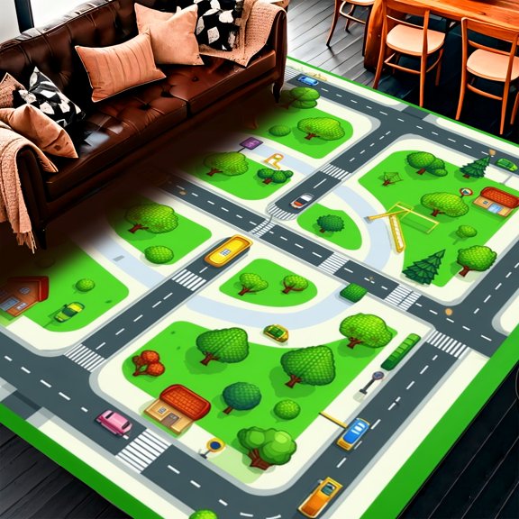 Flatwoven High Traffic Area Rug, Interactive Street Map Rug with Roundabouts Crosswalks and Playground Scenes, Non Slip, Stain Resistant, Washable Area Rugs for Living Room, Bedroom(Green, 3X5)