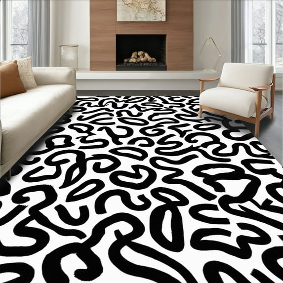 ODIKA 8' Machine Washable Non-Slip Area Rug, Interlocking Spotted Motif with Artistic Shapes High Traffic Rug, Black, 298558