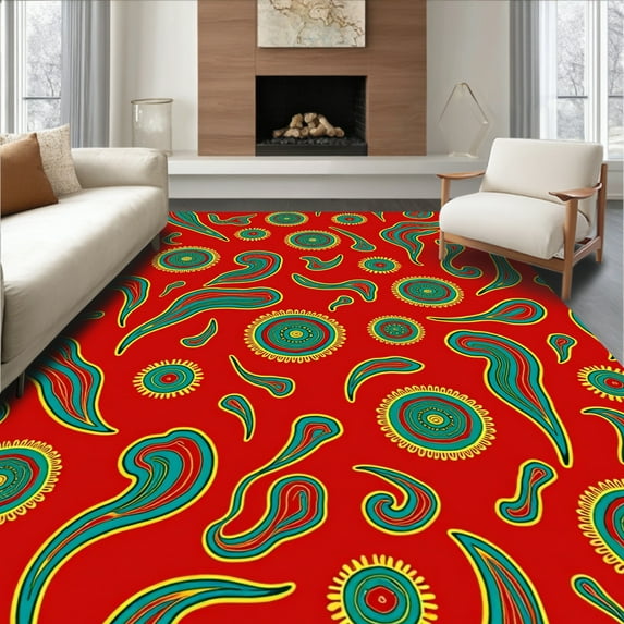 ODIKA 8'x8' Machine Washable Non-Slip Area Rug, Interlocking Wave Design with Artistic Sun Motifs High Traffic Rug, Red, 392652