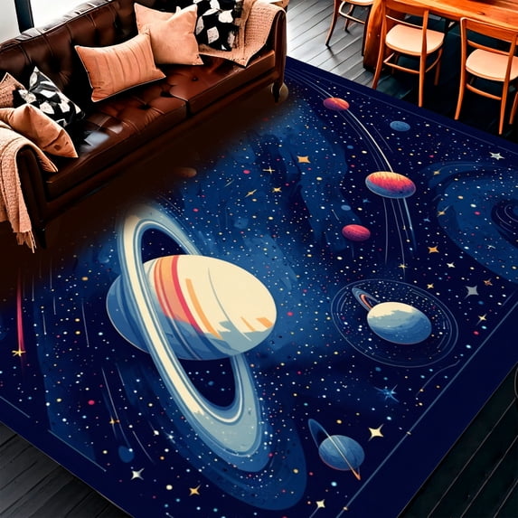 ODIKA 5'x7' Machine Washable Non-Slip Area Rug, Interstellar Adventure Doormat With Planets and Astronaut Exploration High Traffic Rug, Blue, 138100