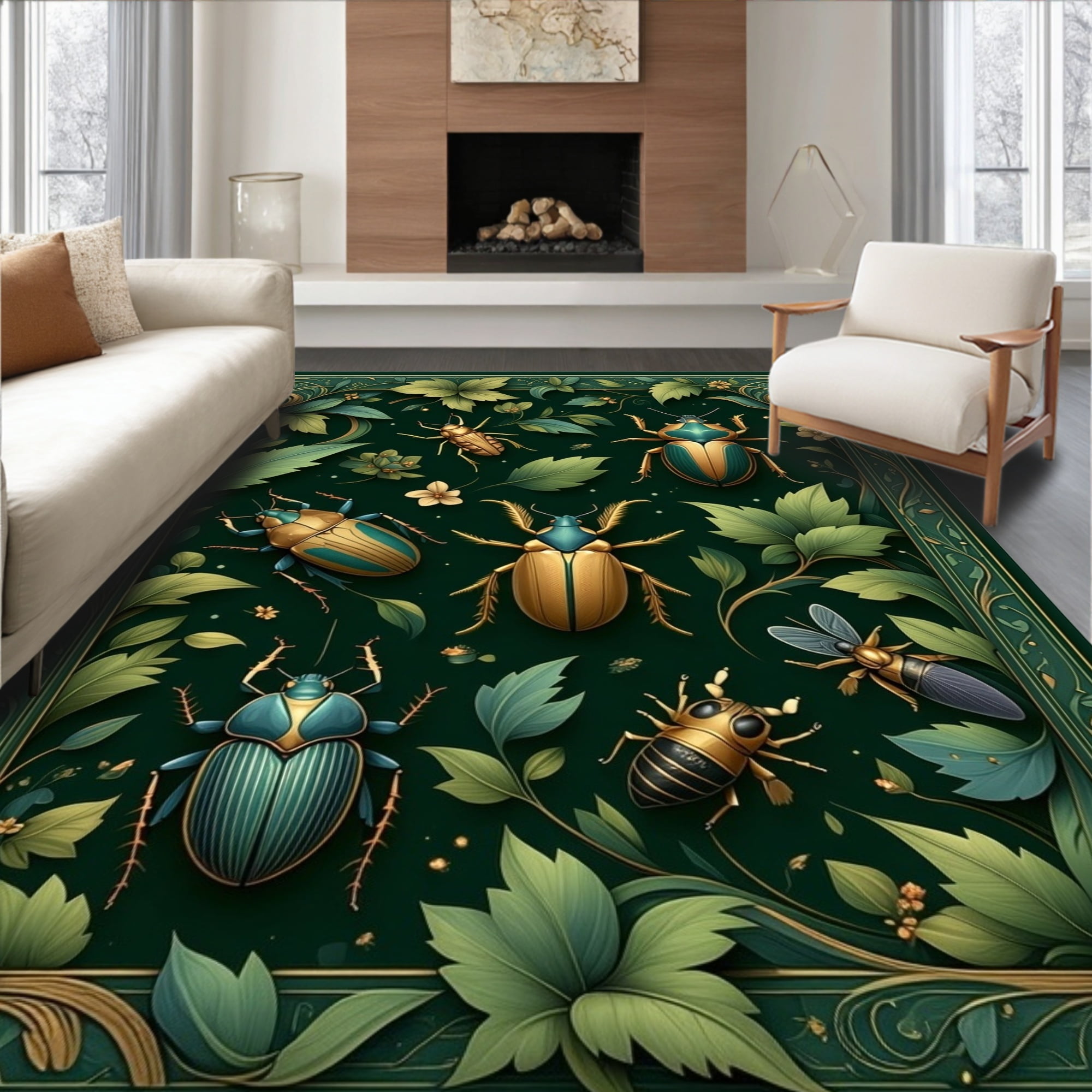 ODIKA 4'x6' Machine Washable Non-Slip Area Rug, Intricate Beetle Motifs ...