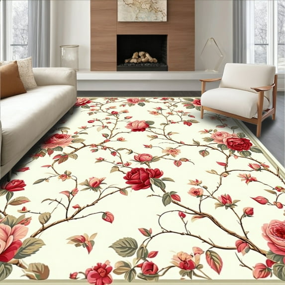 ODIKA 4'x6' Machine Washable Non-Slip Area Rug, Intricate Style with Delicate Petal and Vine Layout High Traffic Rug, Red, 266309